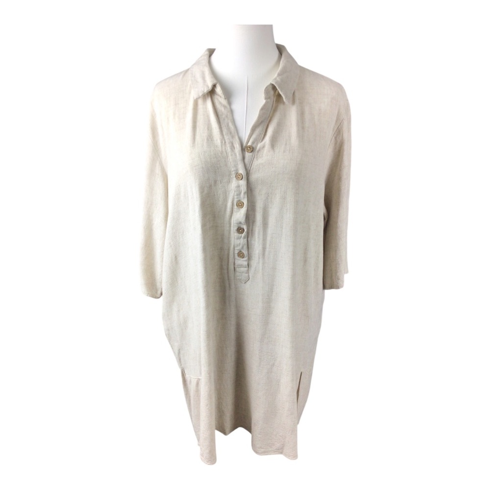 Easel Linen Cotton Shirt Dress 3/4 Sleeve Pockets Large Cottagecore